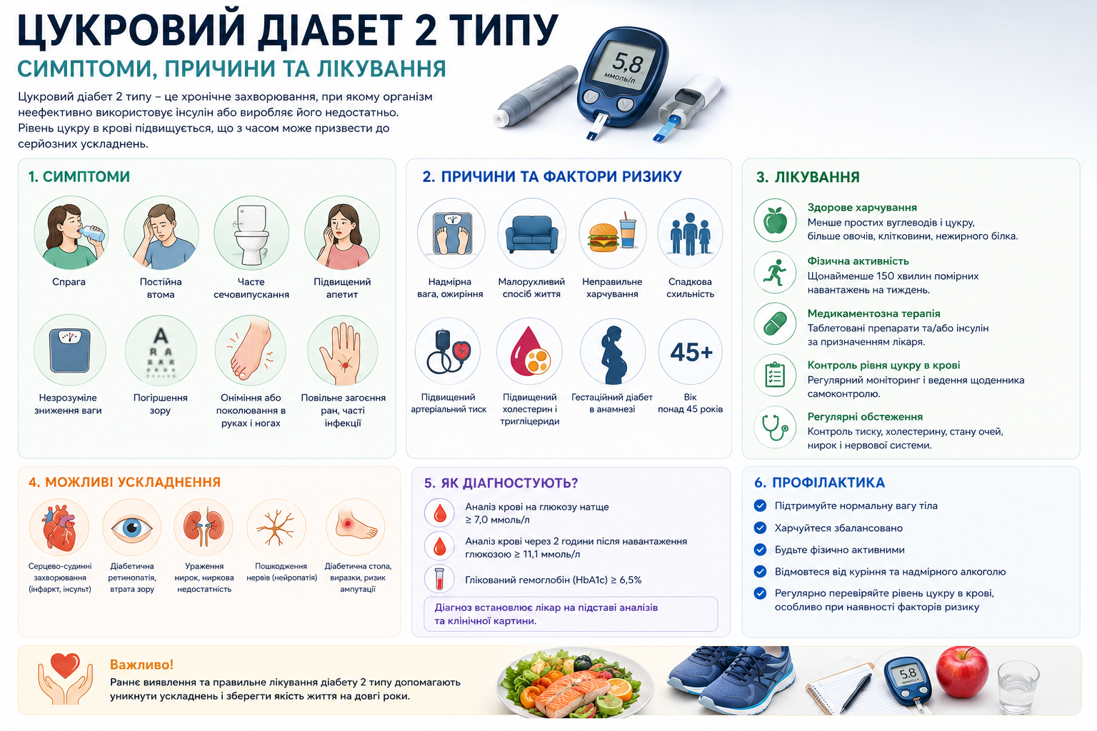 Інфографіка про цукровий діабет 2 типу — симптоми, фактори ризику, методи лікування, можливі ускладнення та профілактика