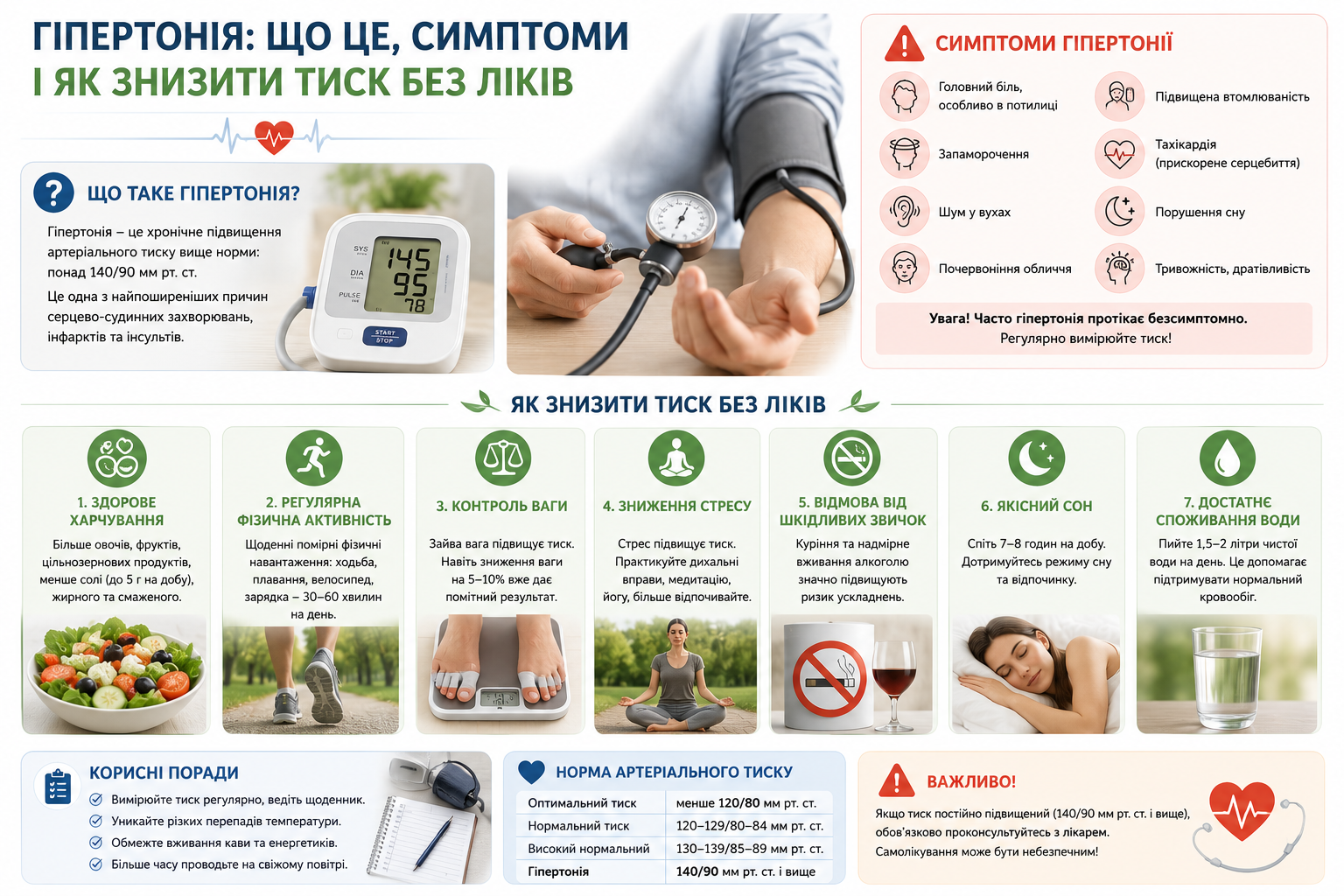 Інфографіка про гіпертонію — симптоми, норми тиску та 7 способів знизити тиск без ліків