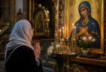 Жінка в хустці молиться перед іконою Богородиці та свічками у храмі