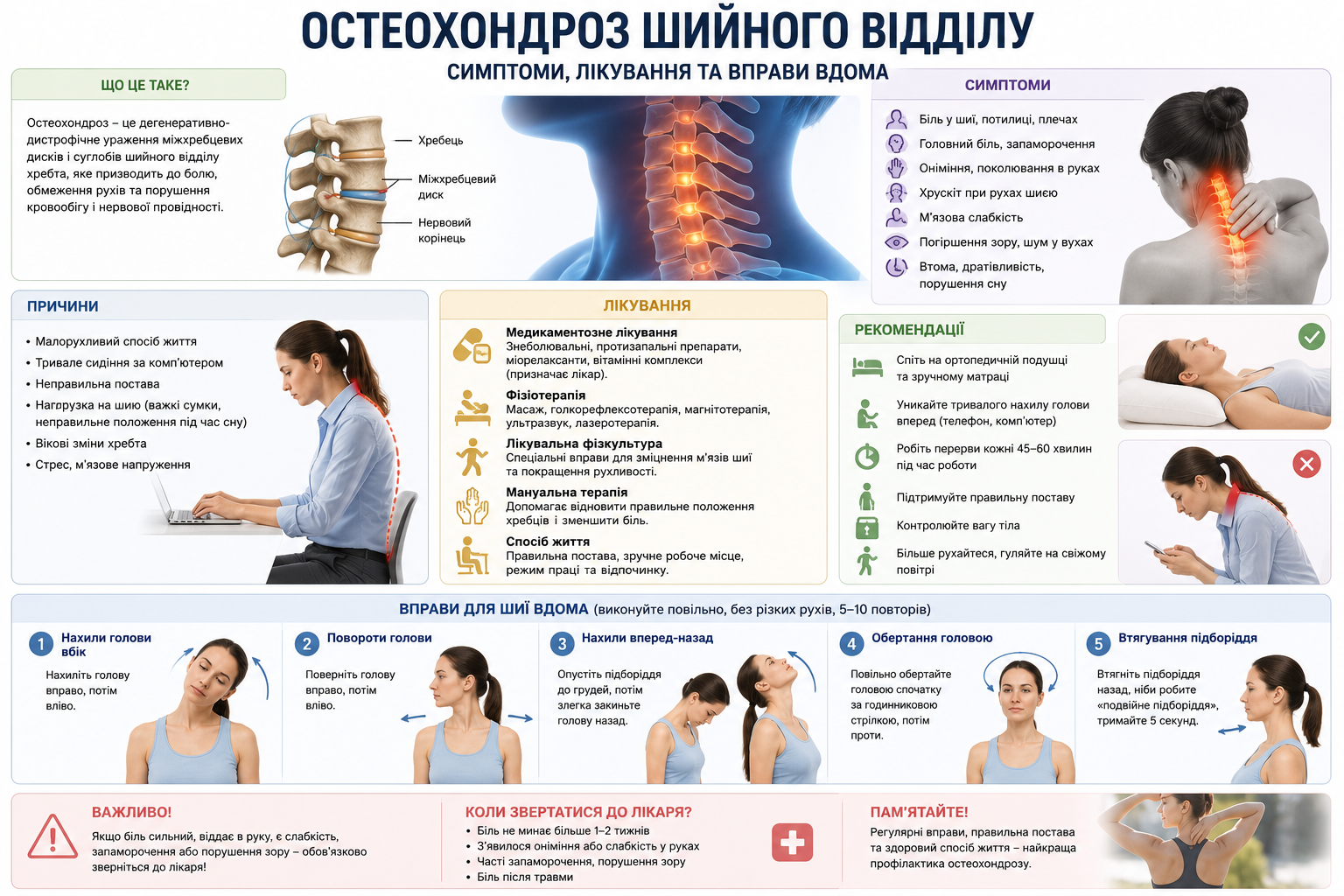 Інфографіка про шийний остеохондроз із симптомами, причинами, лікуванням, вправами та рекомендаціями для профілактики.