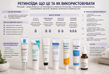 Фото різних засобів із ретиноїдами та схема правильного використання для догляду за шкірою обличчя.
