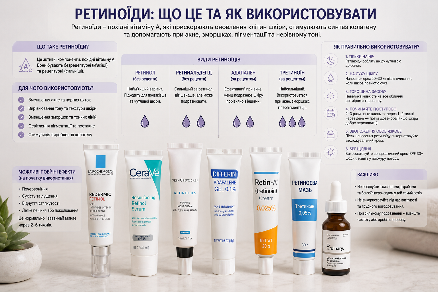 Фото різних засобів із ретиноїдами та схема правильного використання для догляду за шкірою обличчя.