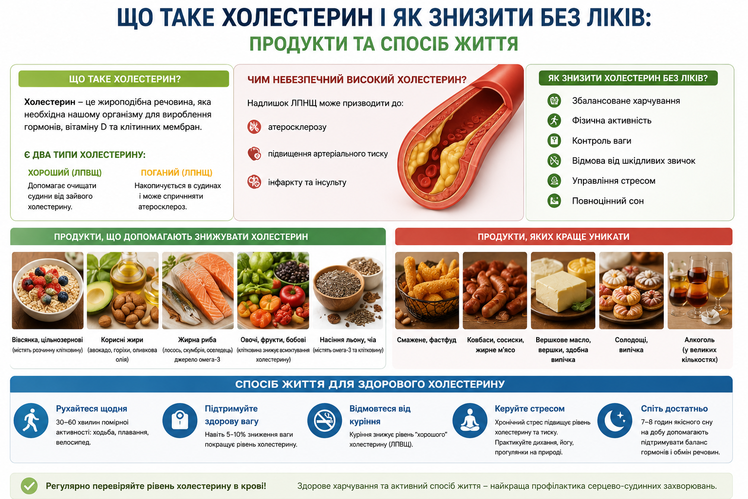 Інфографіка про холестерин: види, продукти для зниження та спосіб життя
