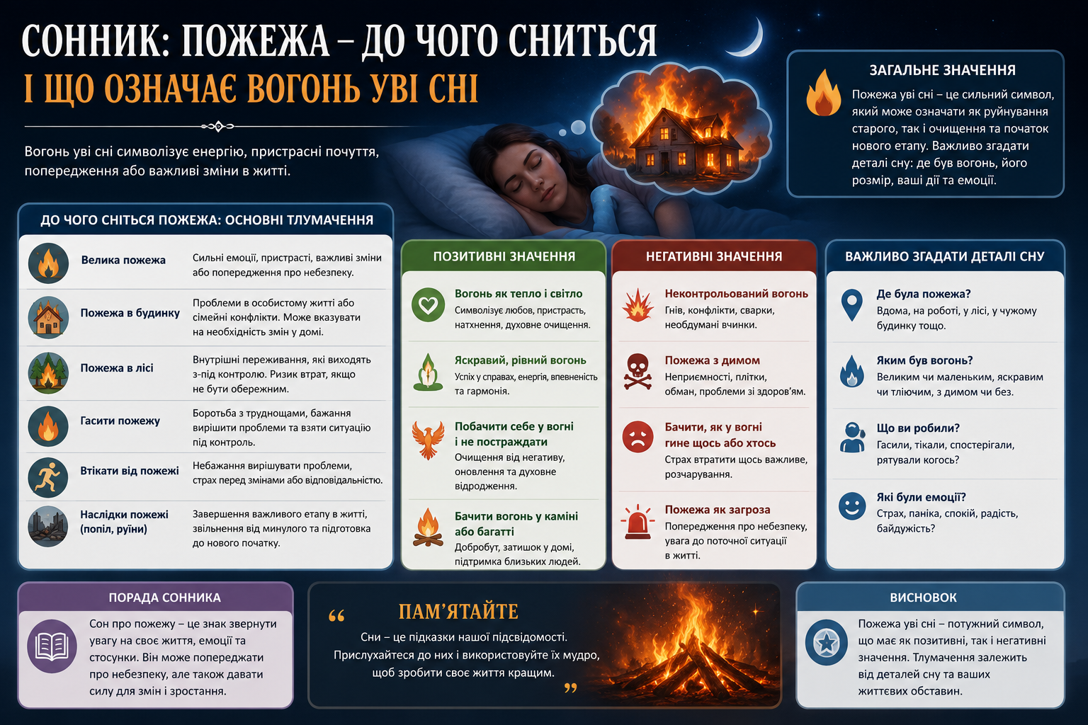 Інфографіка про значення сну, у якому наснилася пожежа