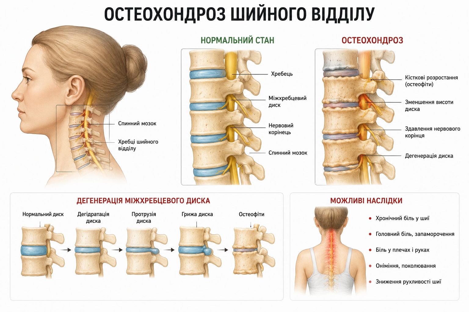 Схематичне порівняння здорового шийного відділу хребта та остеохондрозу з поясненням змін міжхребцевих дисків.