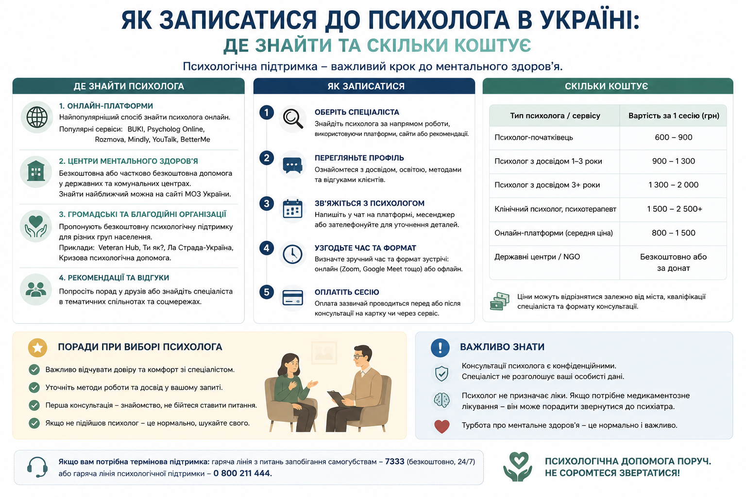 Інфографіка про пошук психолога, запис на консультацію та вартість сесій в Україні