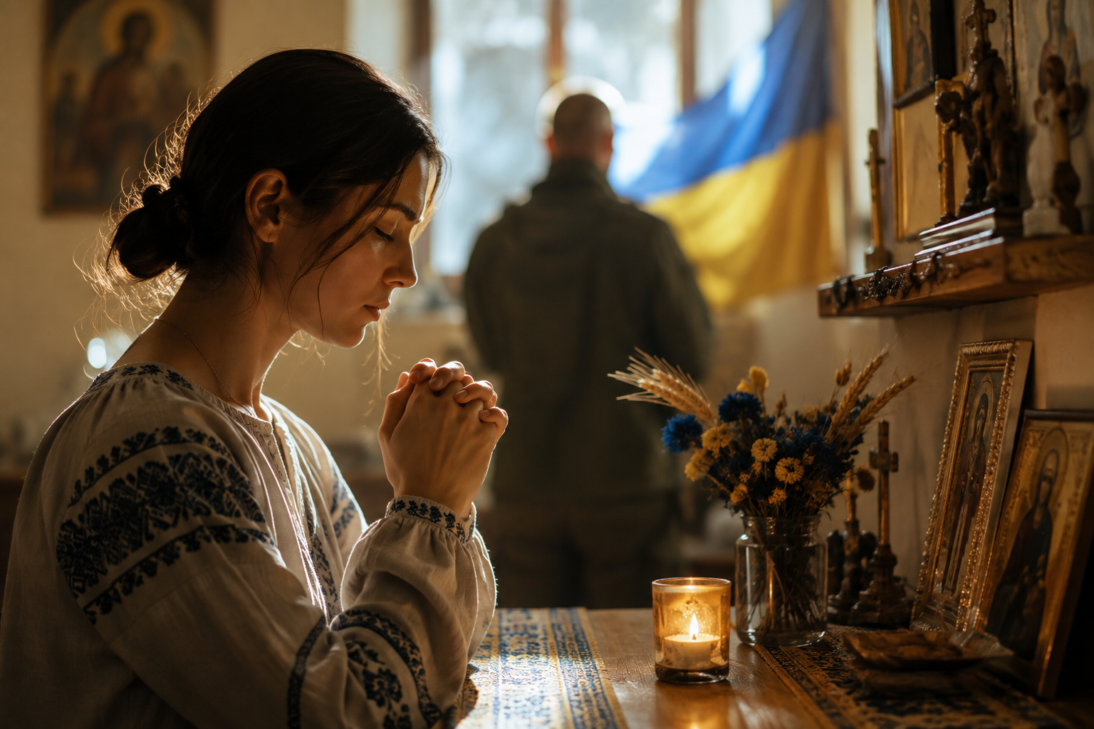Українка молиться в церкві за Україну, мир і захисників біля ікон та свічки на тлі українського прапора