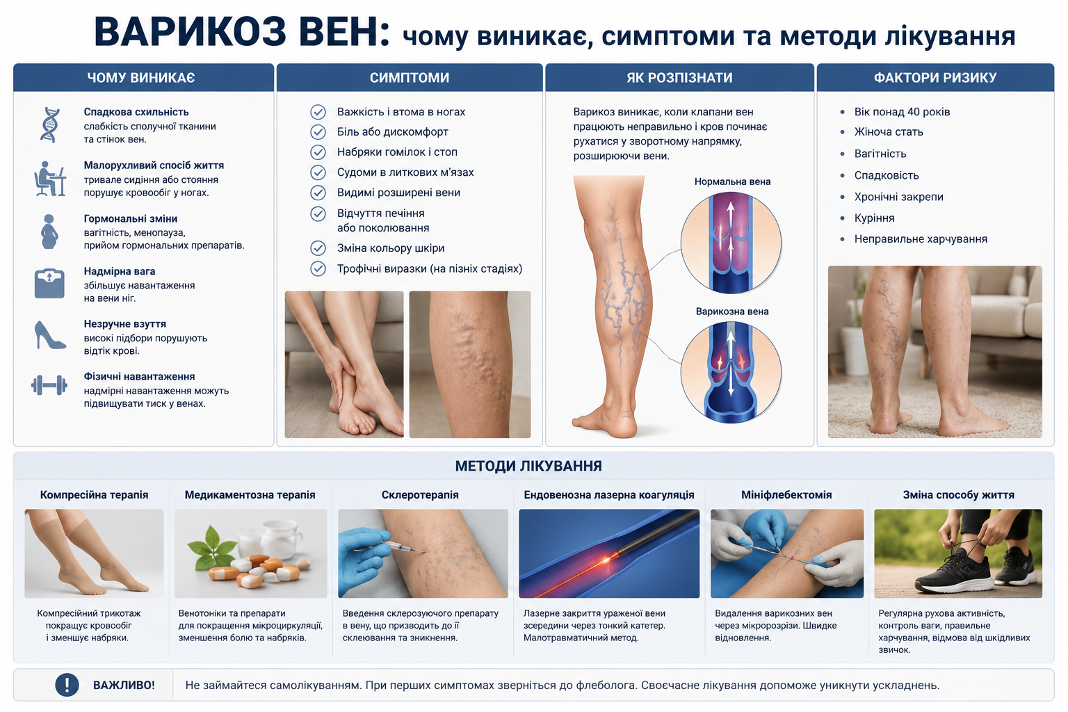 Медична інфографіка про варикозне розширення вен на ногах, симптоми, фактори ризику та методи лікування