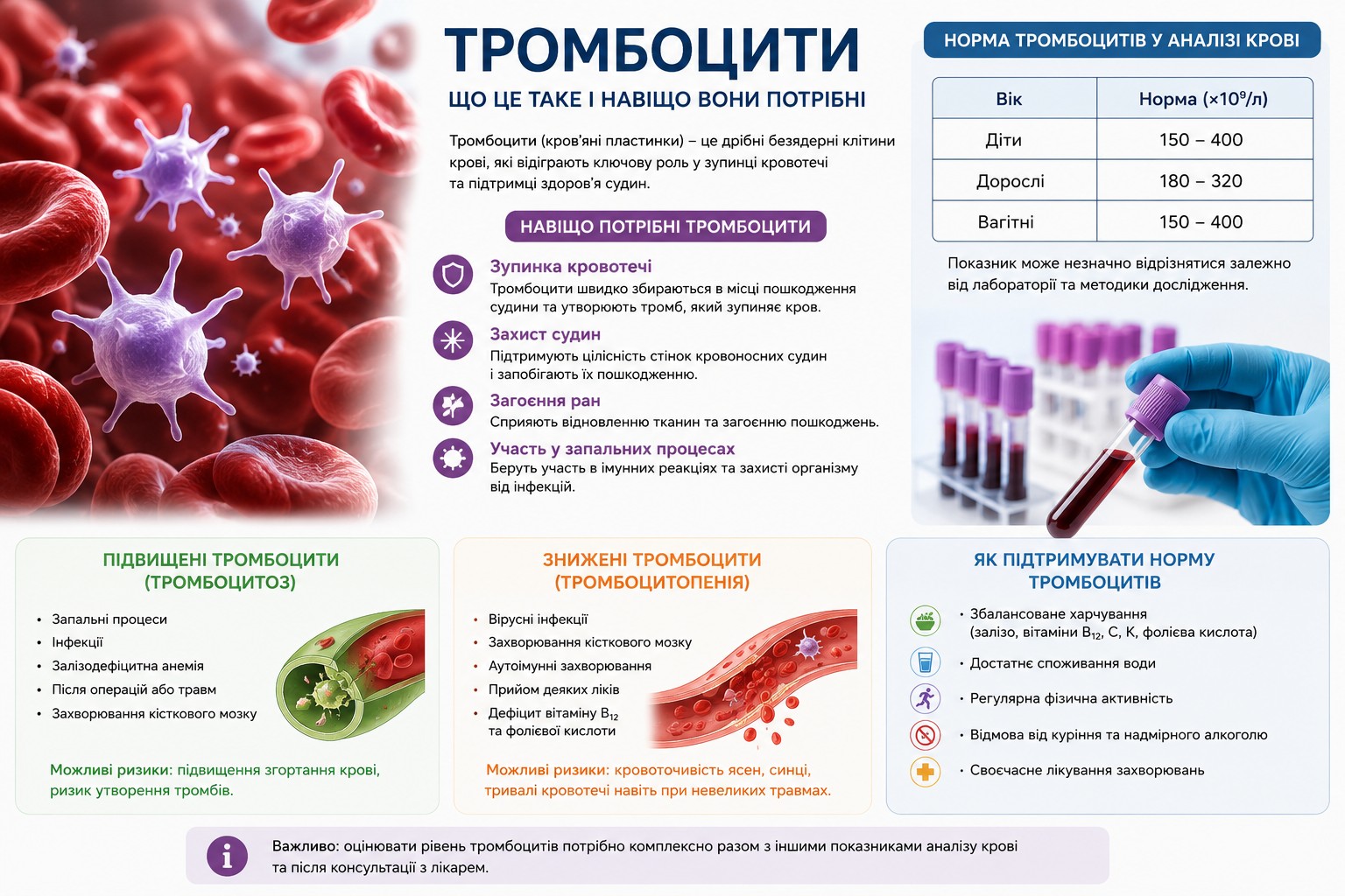 Інфографіка про функції тромбоцитів, норми в аналізі крові та причини тромбоцитозу і тромбоцитопенії