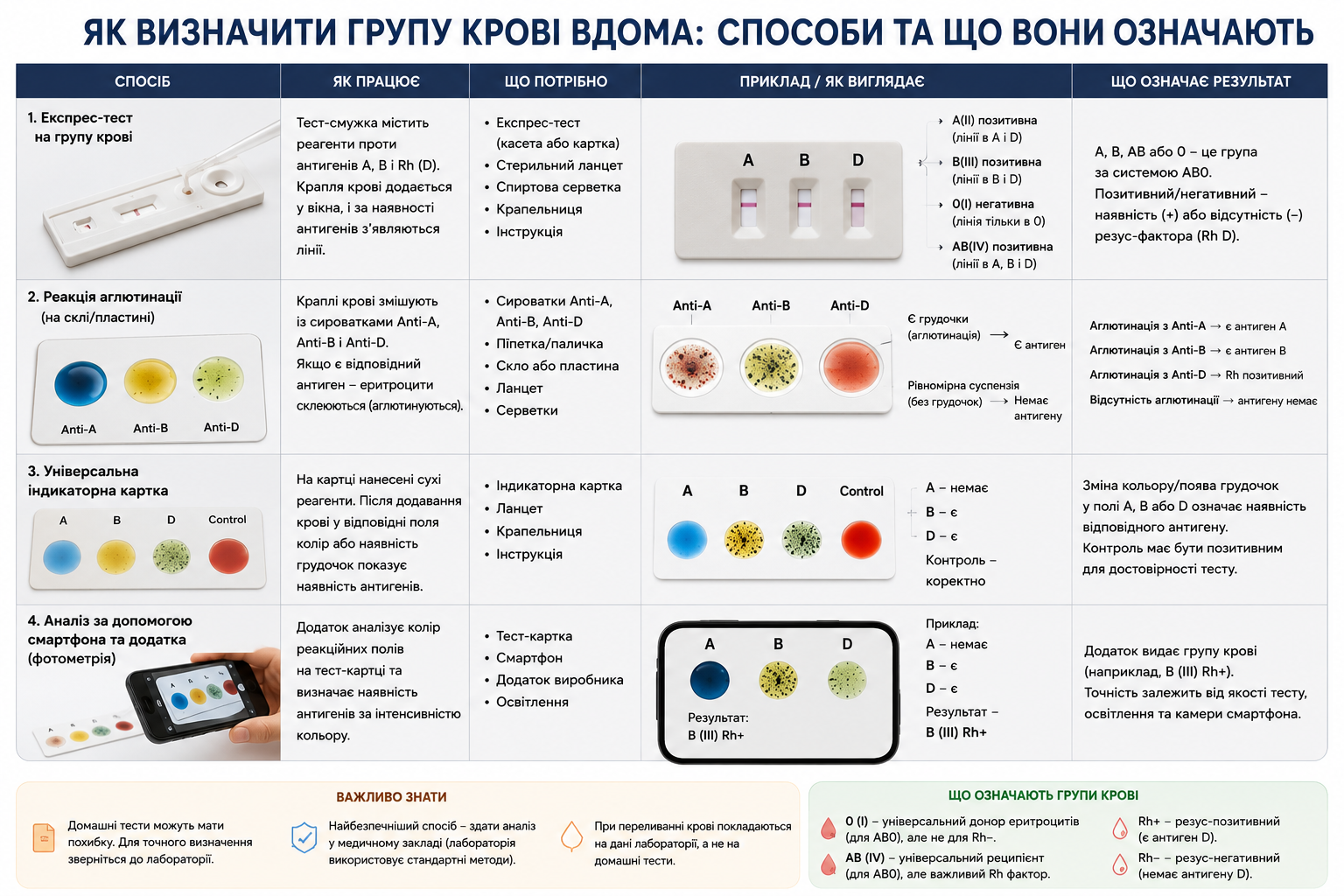Інфографіка про способи визначення групи крові та резус-фактора в домашніх умовах