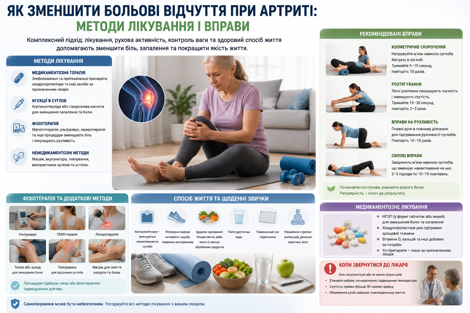 Інфографіка про способи зменшення болю при артриті: лікування, фізіотерапія, вправи та корисні щоденні звички
