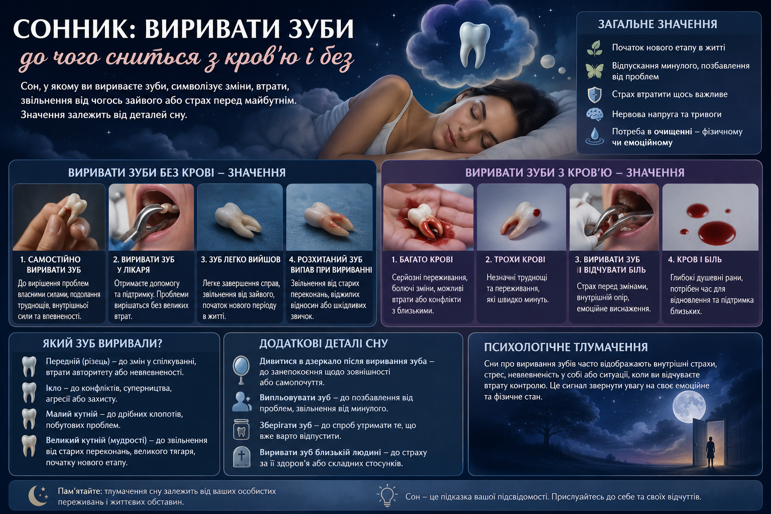 Інфографіка про значення сну, в якому виривають зуби з кров’ю або без крові